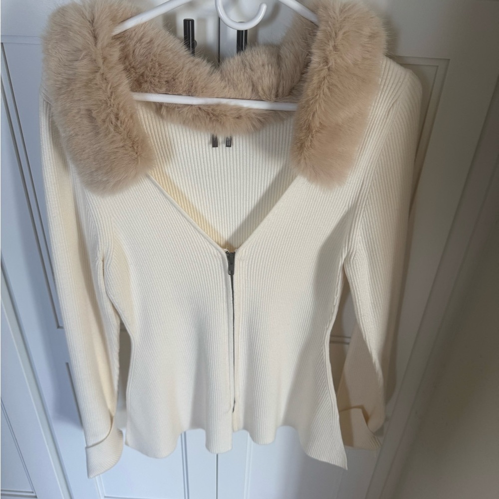 Cream Ribbed Zip-Front Sweater with Faux Fur Collar